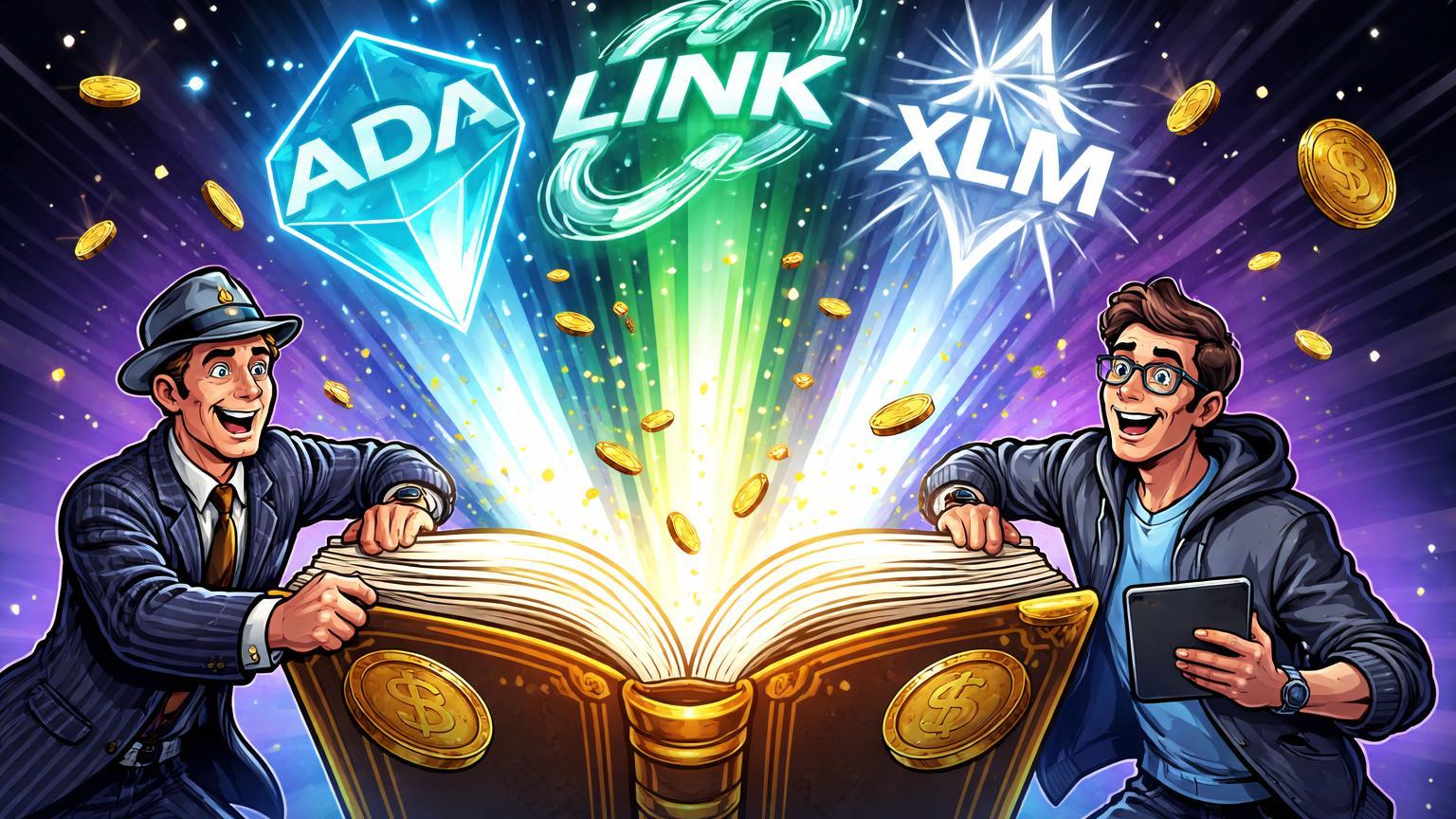 Traders cartoon abrindo livro de futuros com símbolos ADA, LINK e XLM emergindo, simbolizando lançamento institucional pela CME