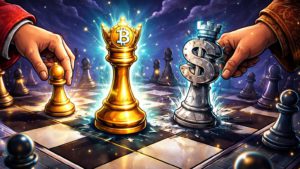 Tabuleiro de xadrez geopolítico com mãos estilizadas de China e Irã checkmateando rei dólar com rainha Bitcoin, simbolizando adoção em tensões macro