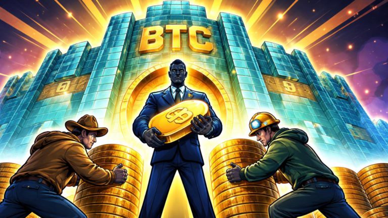 Personagens cartoon federal e estaduais blindando fortaleza digital de Bitcoin com lingotes dourados, sinalizando reservas estratégicas nos EUA