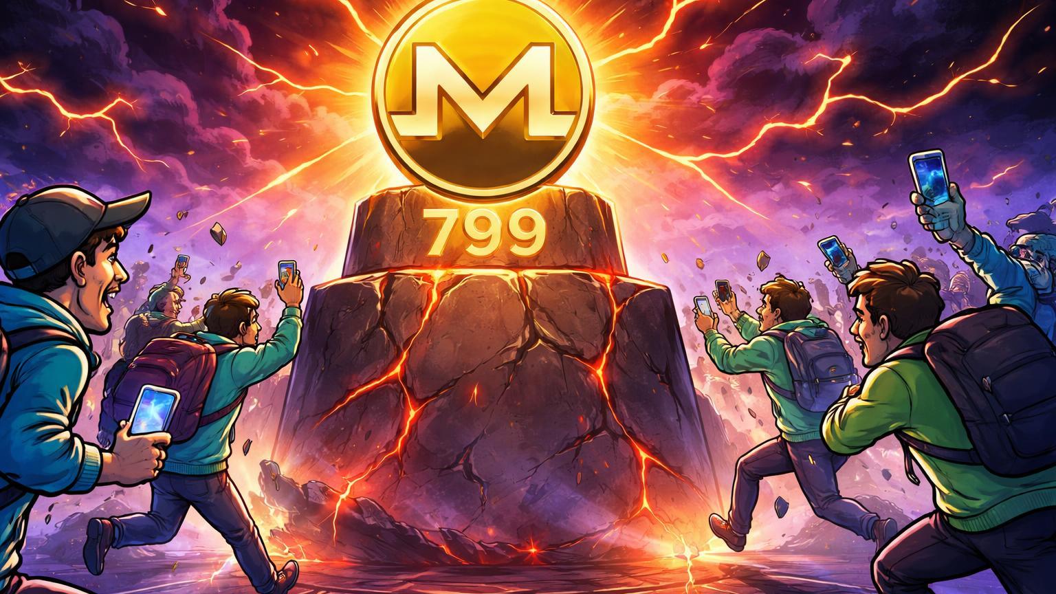 Investidores retail cartoon em frenesi correndo para pedestal XMR com 799 gravado e rachaduras vermelhas, alertando especulação em privacy coins