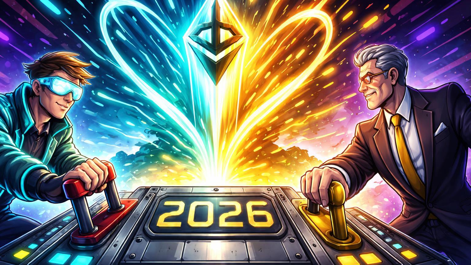 Personagens cartoon de Binance e Grayscale acionando gatilhos em painel 2026, liberando fluxo de energia ETH bullish para novo ciclo de alta