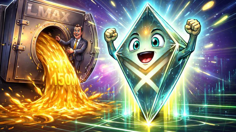 Executivo cartoon despejando ouro de cofre LMAX em prisma XRP animado crescendo, simbolizando investimento de US$150M para turbinar trading institucional