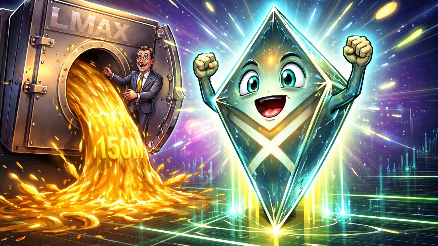 Executivo cartoon despejando ouro de cofre LMAX em prisma XRP animado crescendo, simbolizando investimento de US$150M para turbinar trading institucional