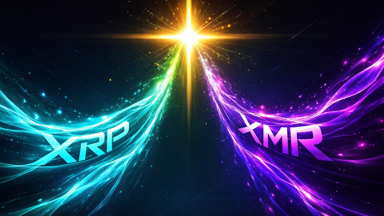 Ondas de energia cyan-XRP e roxa-XMR convergindo em cruz dourada explosiva com luz verde, sinalizando alta técnica em altcoins