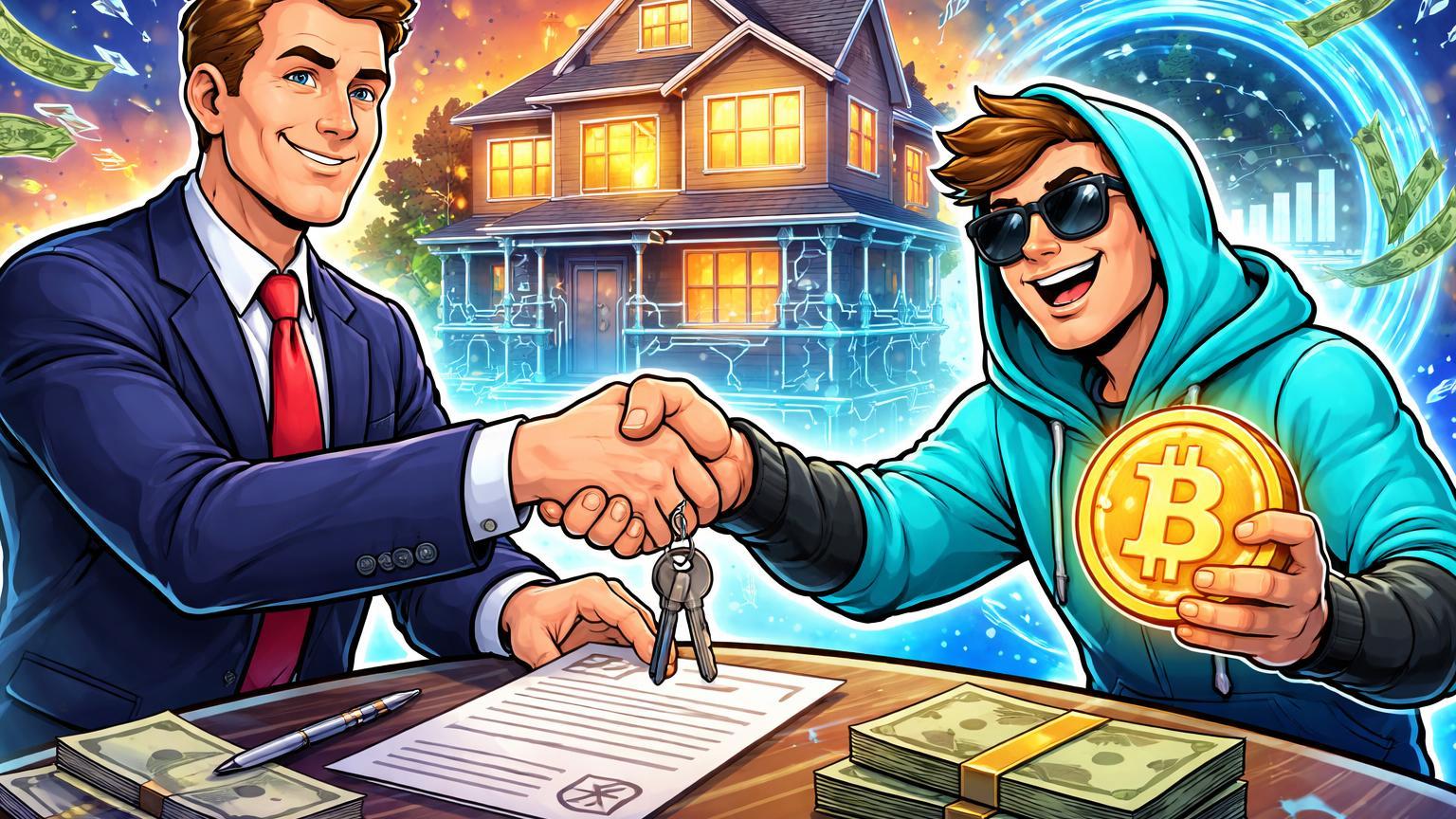 Banqueiro cartoon e investidor cripto apertando mãos sobre hipoteca com BTC e portal SWIFT, simbolizando adoção de cripto em finanças reais