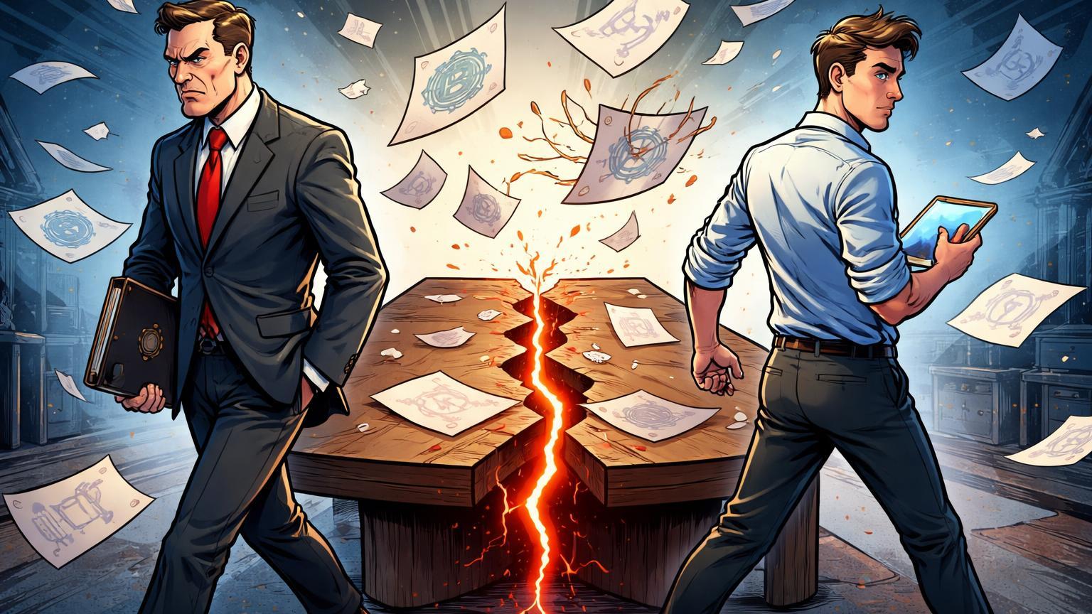 Personagens cartoon de burocrata governamental e executivo tech virando as costas em mesa de negociações quebrada, simbolizando briga entre Casa Branca e Coinbase sobre lei cripto