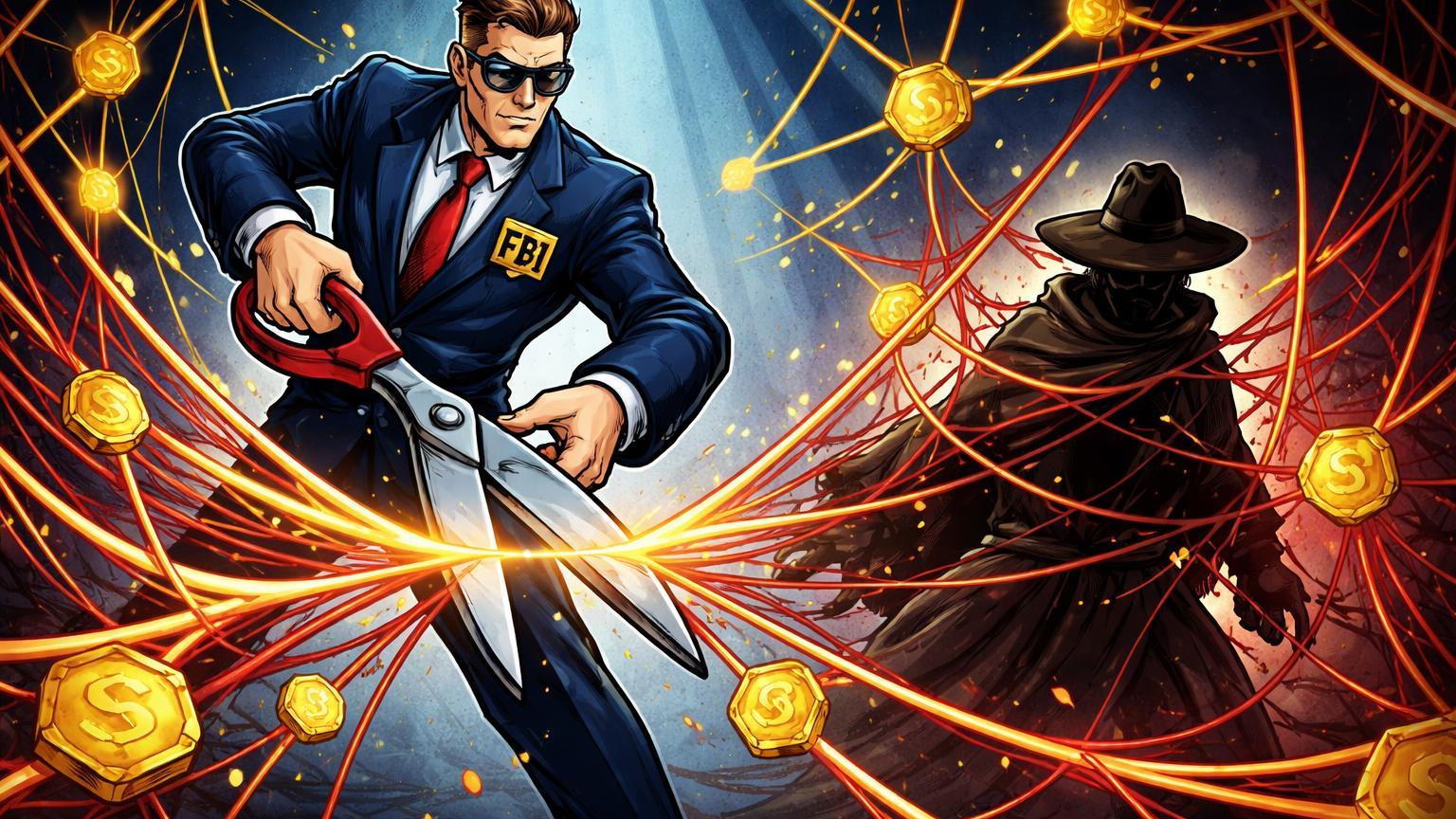 Agente FBI cartoon cortando rede pegajosa de lavagem de cripto, cercando figura sombria, ilustrando acusacao de US$ 1 bi pelo DOJ
