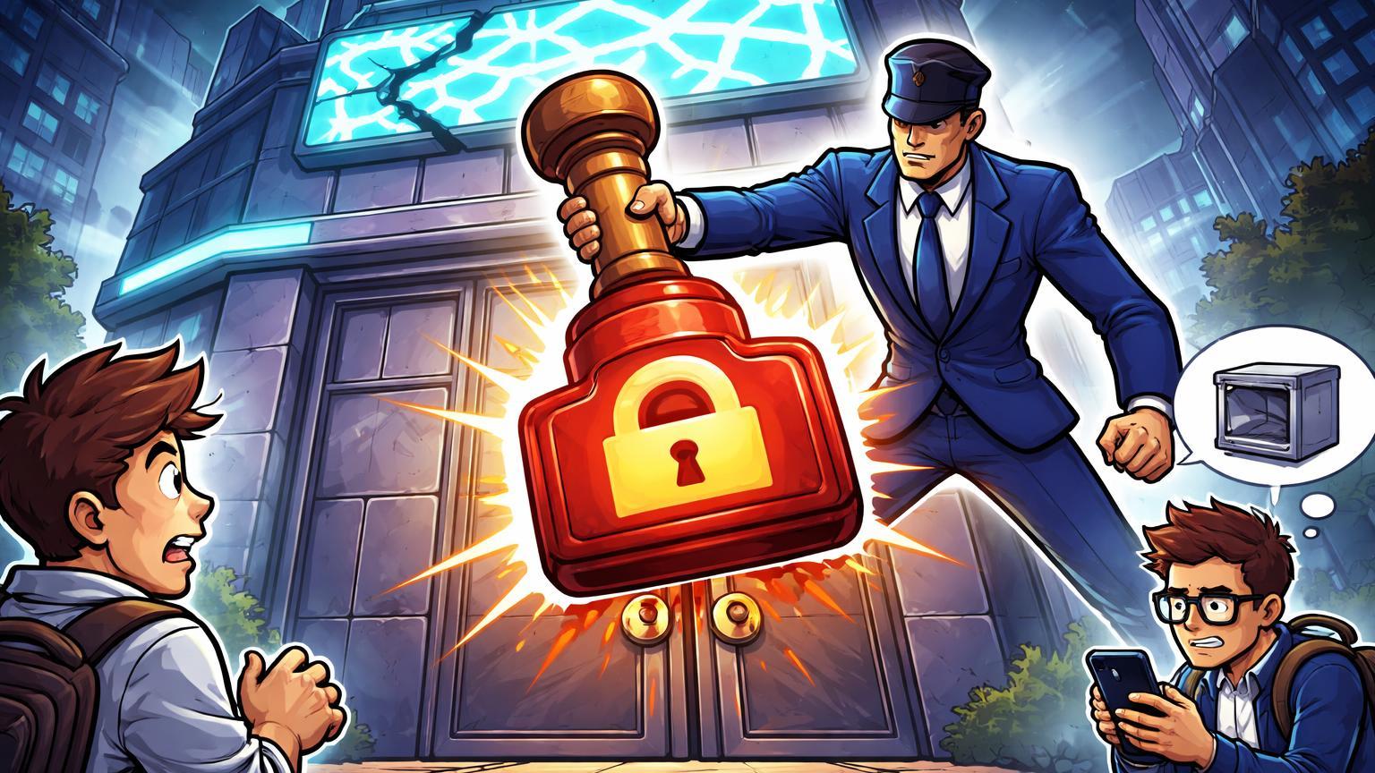 Oficial regulador cartoon selando portões de exchange com cadeado gigante, usuários preocupados observam, alertando riscos de licenças nos EUA e lições para Brasil