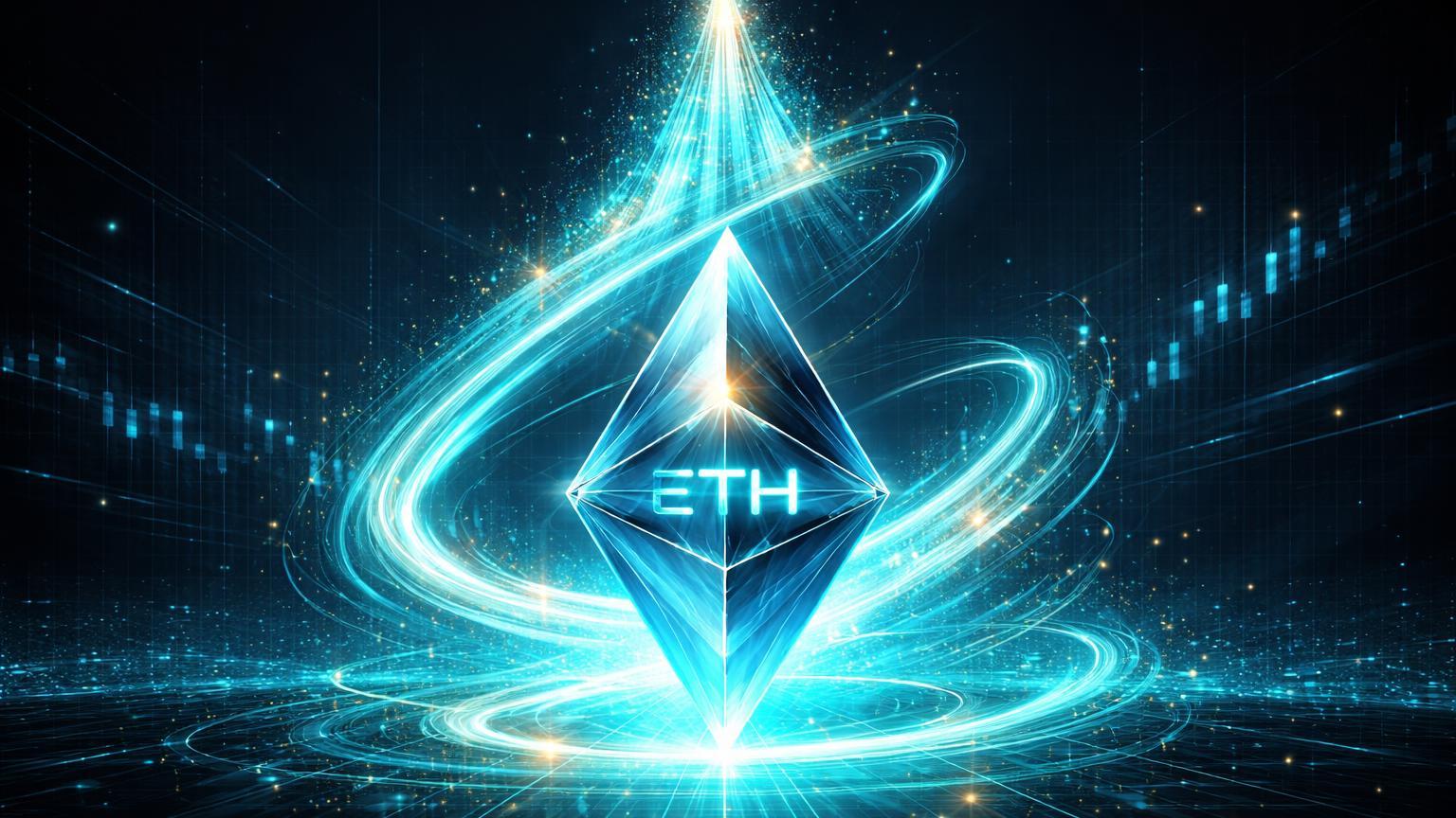 Prisma ETH girando expelindo vórtice cyan em pico ascendente, simbolizando volume recorde de US$ 21,7 bi em futuros na Binance