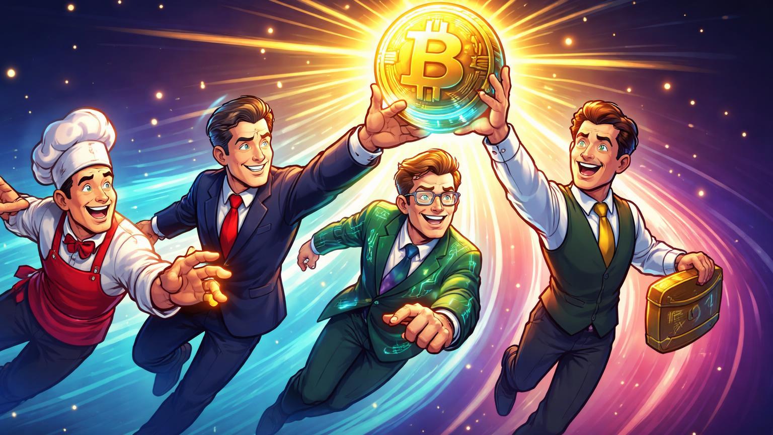 Cadeia de personagens cartoon corporativos passando orbe BTC luminoso, simbolizando aceleração da adoção de Bitcoin em tesourarias empresariais