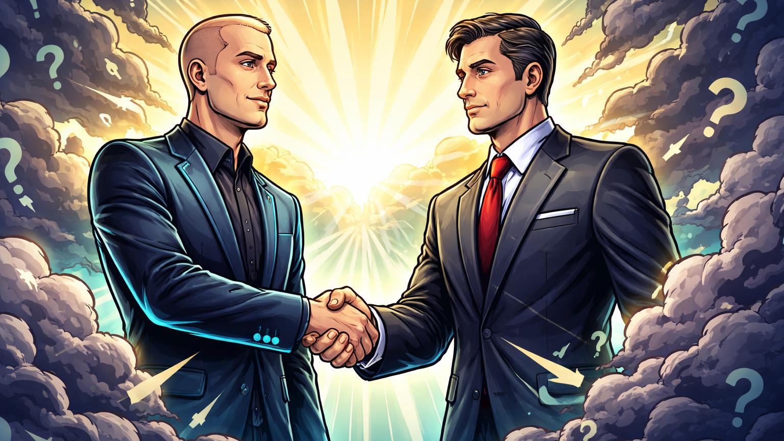 Executivos cartoon de tech e governo apertando mãos enquanto nuvens de boatos se dissipam, simbolizando negação de conflito no CLARITY Act