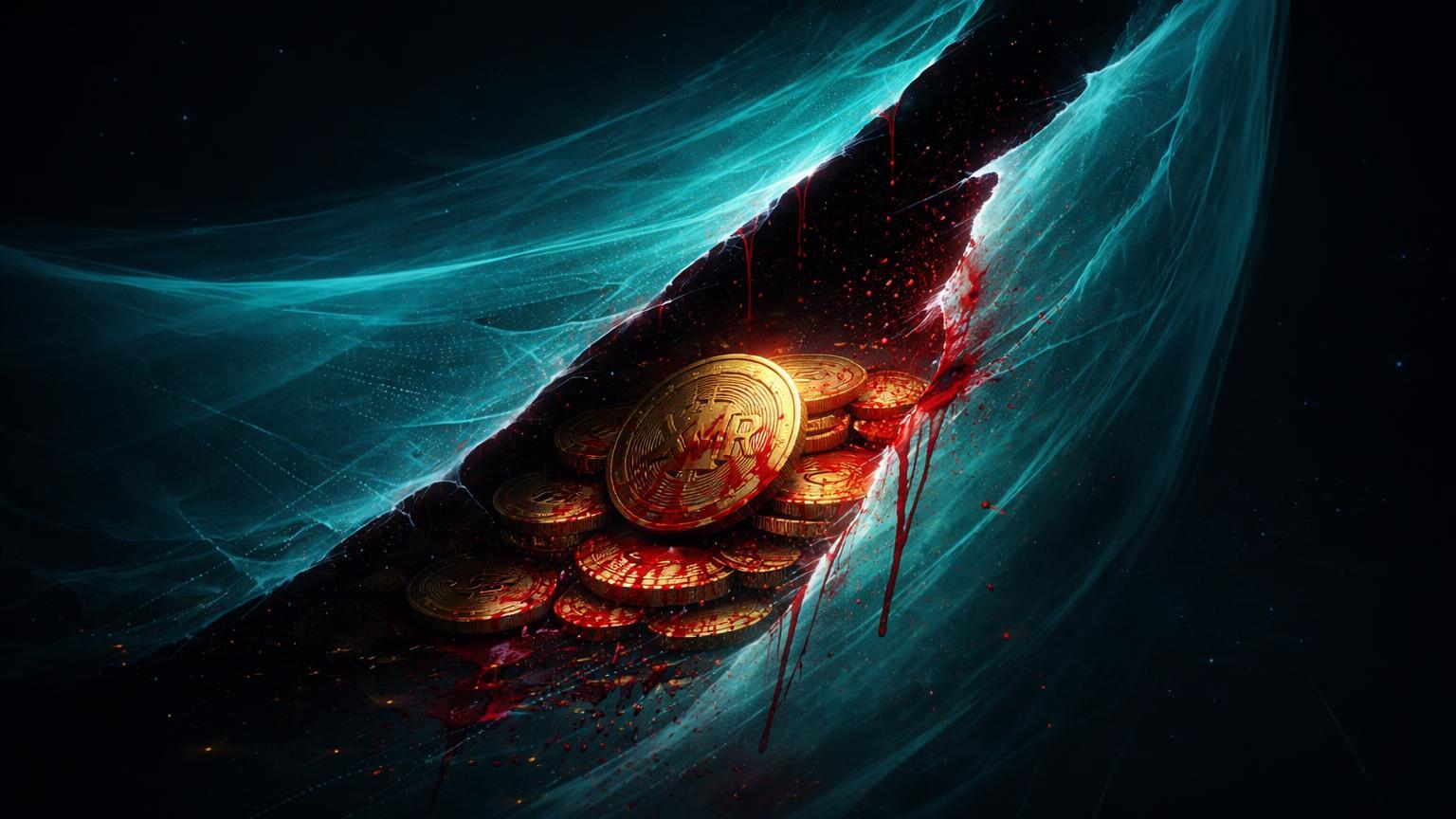 Véu cyan de privacidade rasgado expondo moedas douradas manchadas de vermelho, simbolizando queda do Monero ligada a roubo de fundos