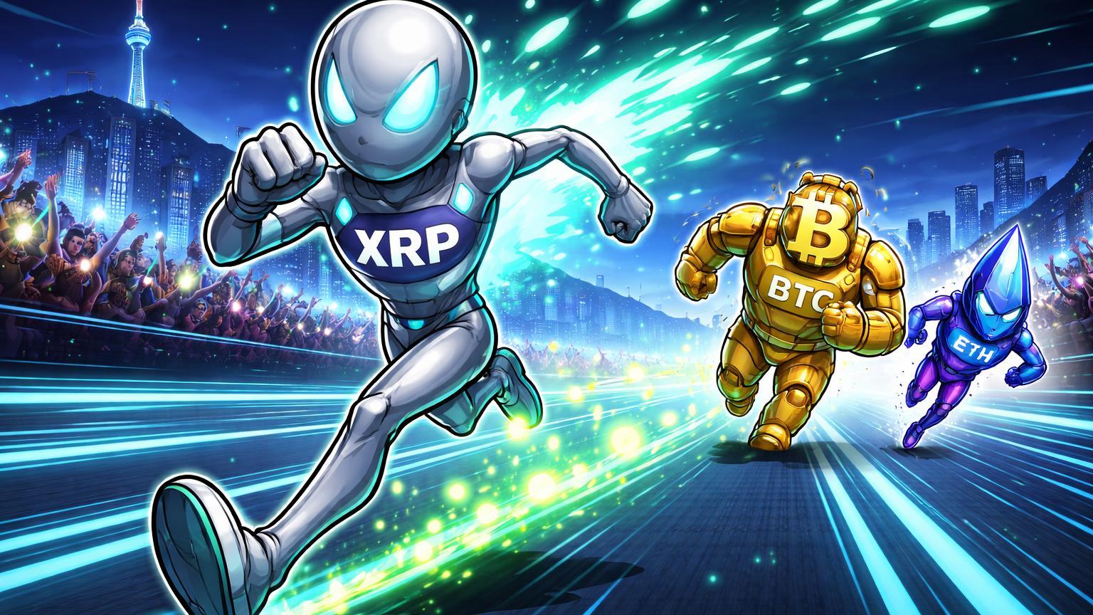 Personagem XRP cartoon liderando corrida à frente de BTC e ETH em pista neon, simbolizando domínio de volume na Upbit coreana