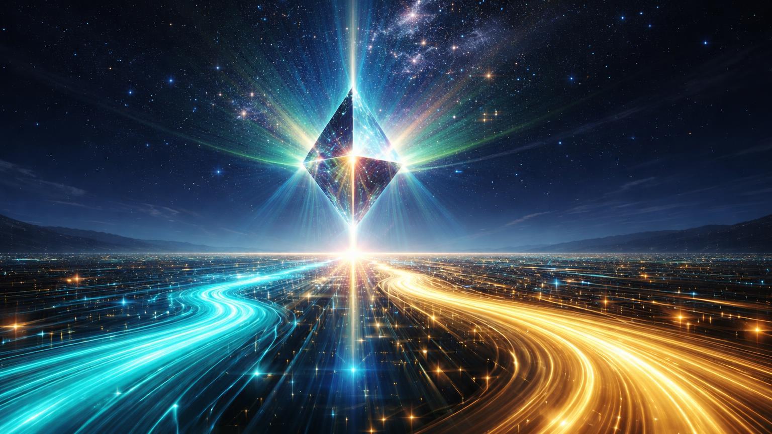 Fluxos de dados cyan e dourado convergindo em prisma central sobre horizonte digital, simbolizando insights do mercado cripto