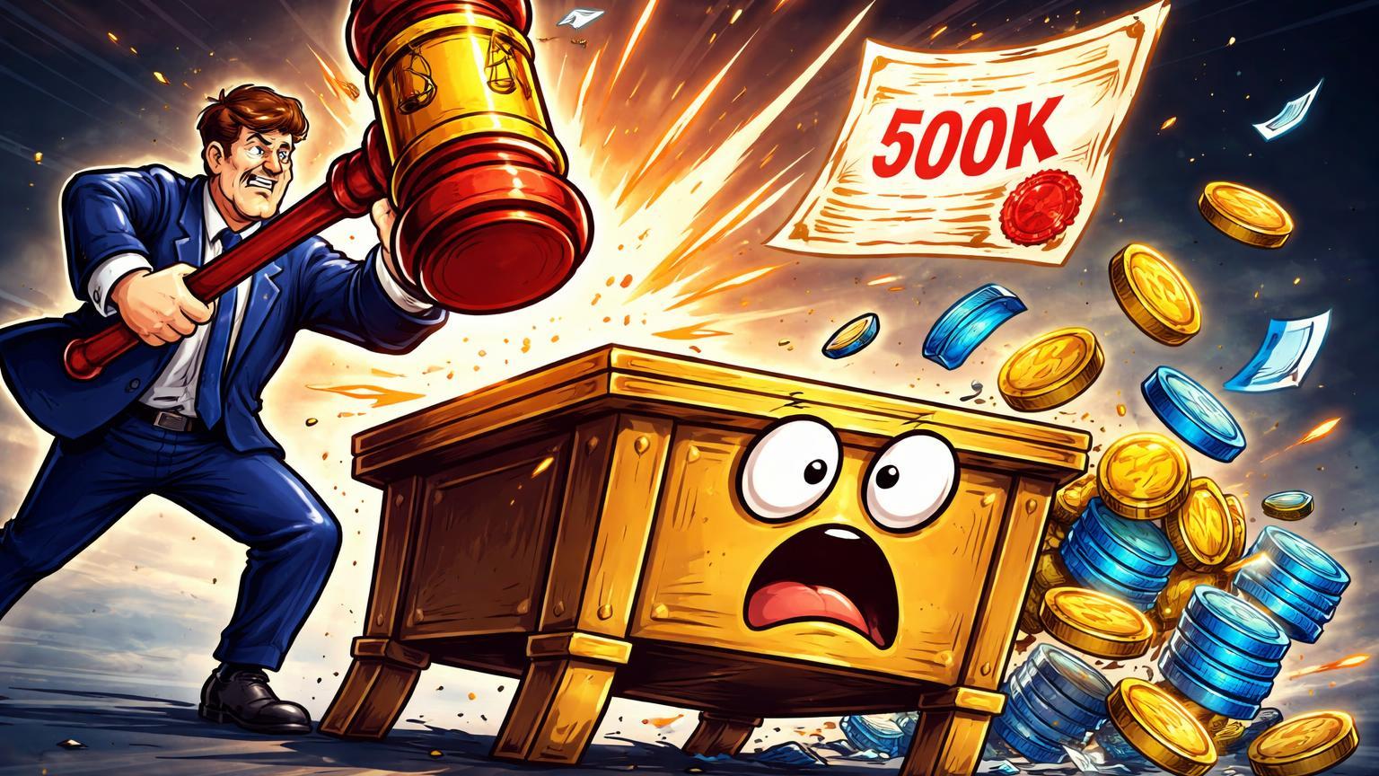 Regulador cartoon batendo martelo de multa em plataforma de empréstimos cripto, com '500K' voando, ilustrando sanção da Califórnia à Nexo