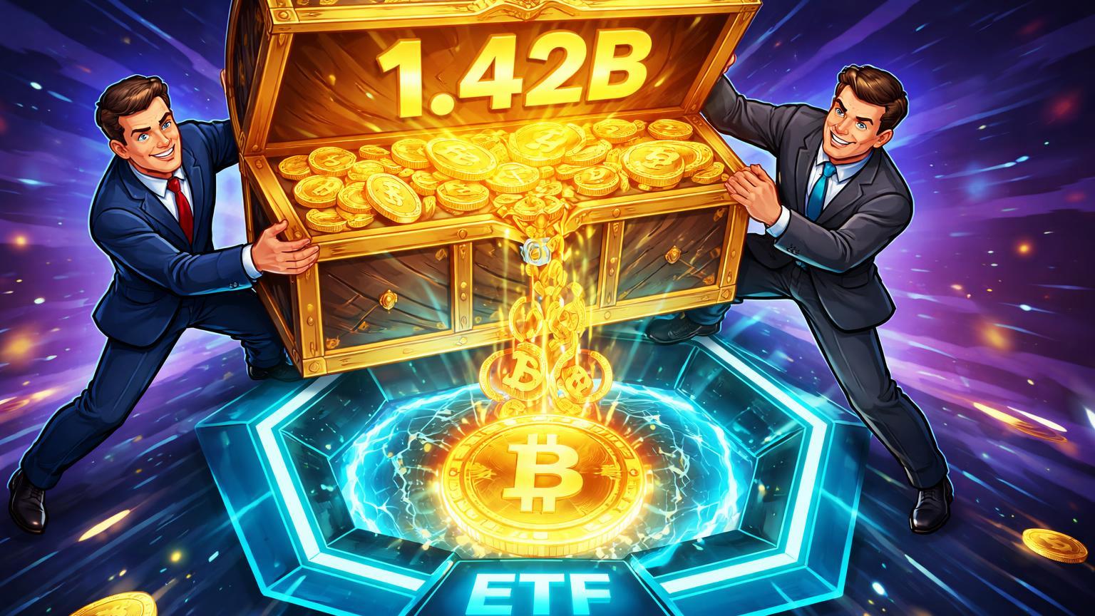 Executivos cartoon despejando baú com 1.42B gravado em portal ETF Bitcoin, simbolizando inflows recordes institucionais