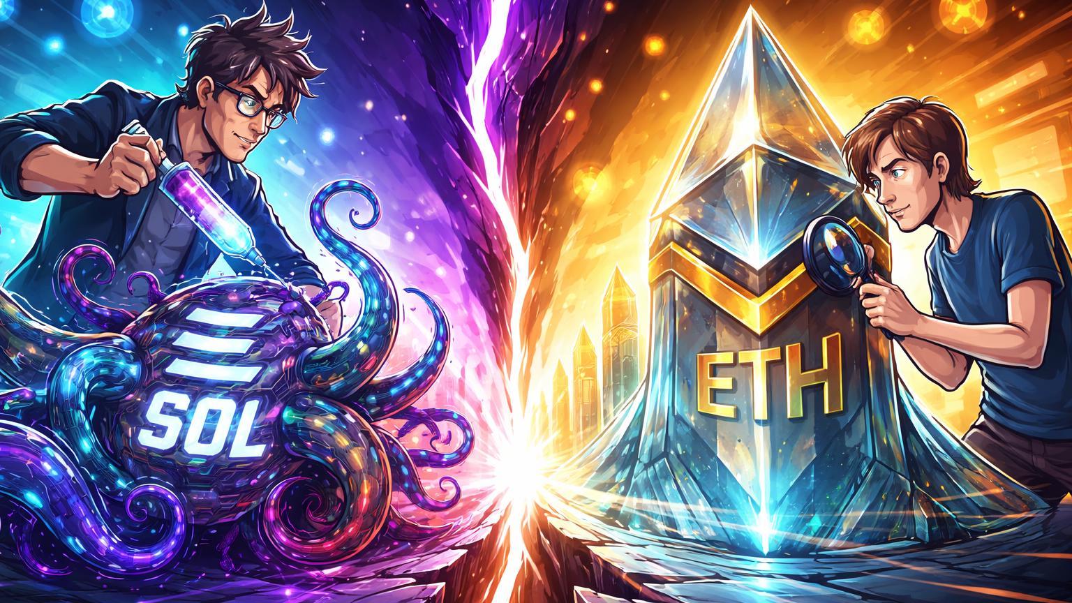 Personagens cartoon Yakovenko injetando IA em Solana mutante contrastando com Vitalik testando Ethereum estável, simbolizando alerta evolutivo das blockchains