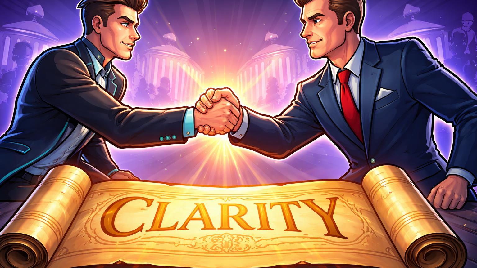 Executivo tech e representante governamental cartoon apertando mãos sobre pergaminho CLARITY, simbolizando negociações para lei de regulação cripto