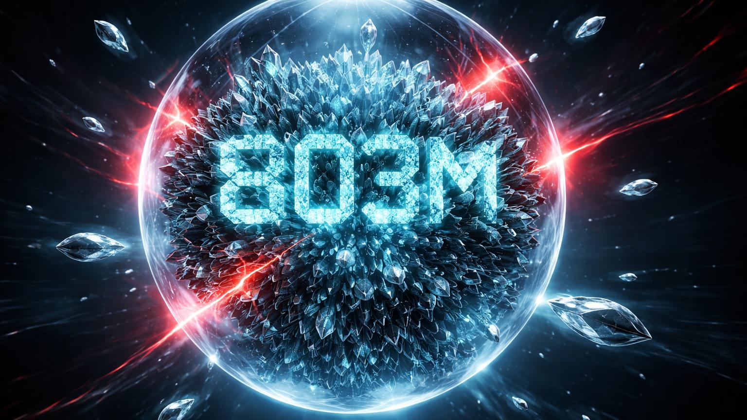 Esfera ETF translúcida lotada de cristais XRP com '803M' central e pressão vermelha escapando, indicando short squeeze e explosão de preço