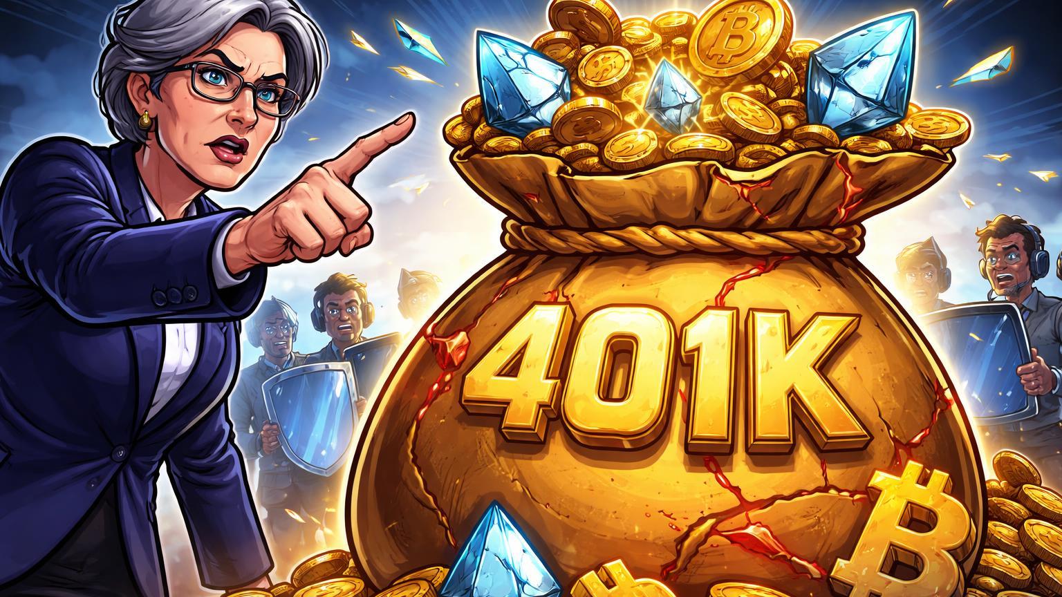 Senadora cartoon alertando com dedo sobre bolsa 401(k) transbordando cripto instável, representando críticas de Elizabeth Warren a riscos em aposentadorias