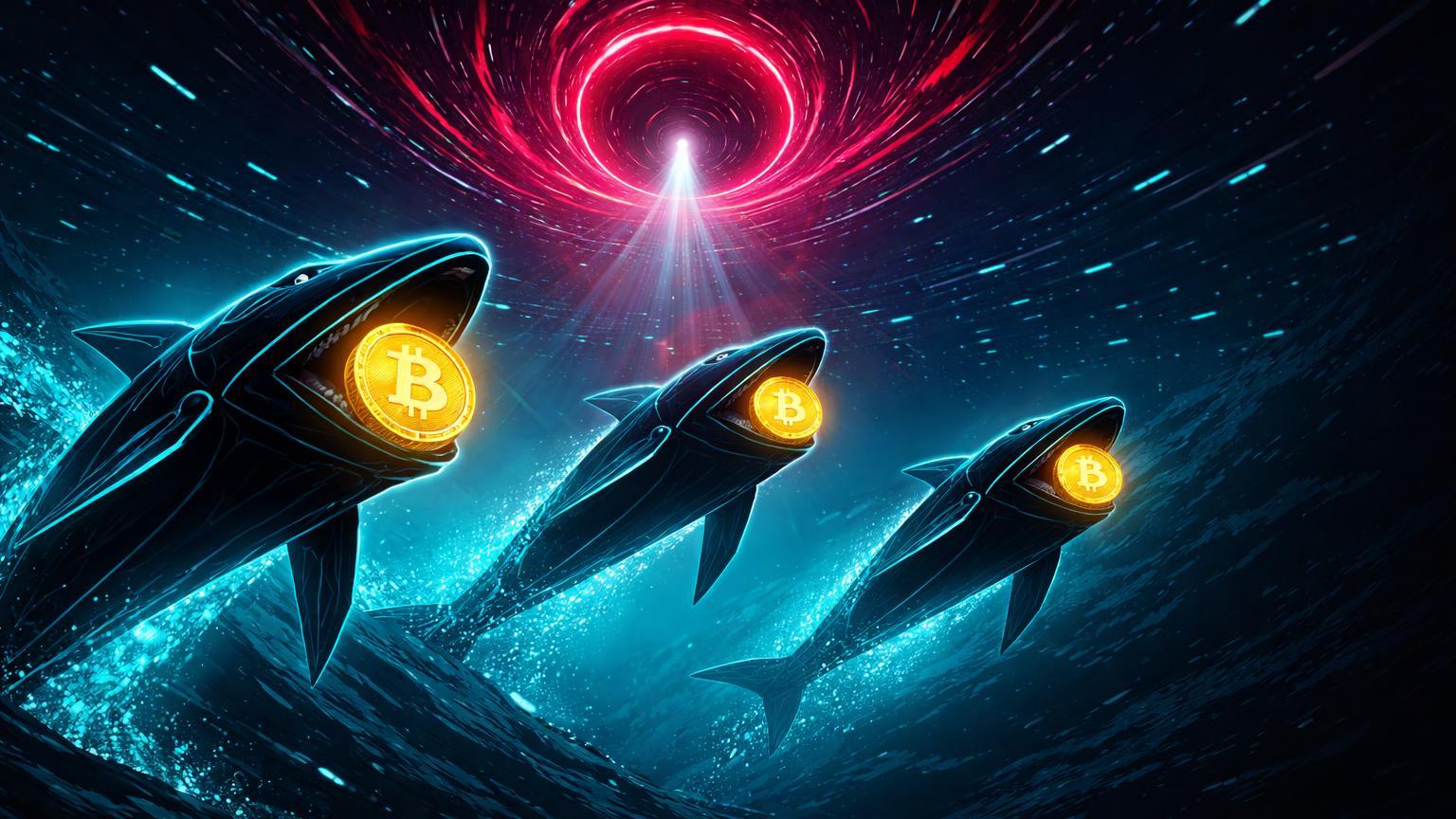 Silhuetas de baleias cyberpunk carregando orbes BTC dourado para portal vermelho de exchange, ilustrando influxos de whales e premium negativo na Coinbase