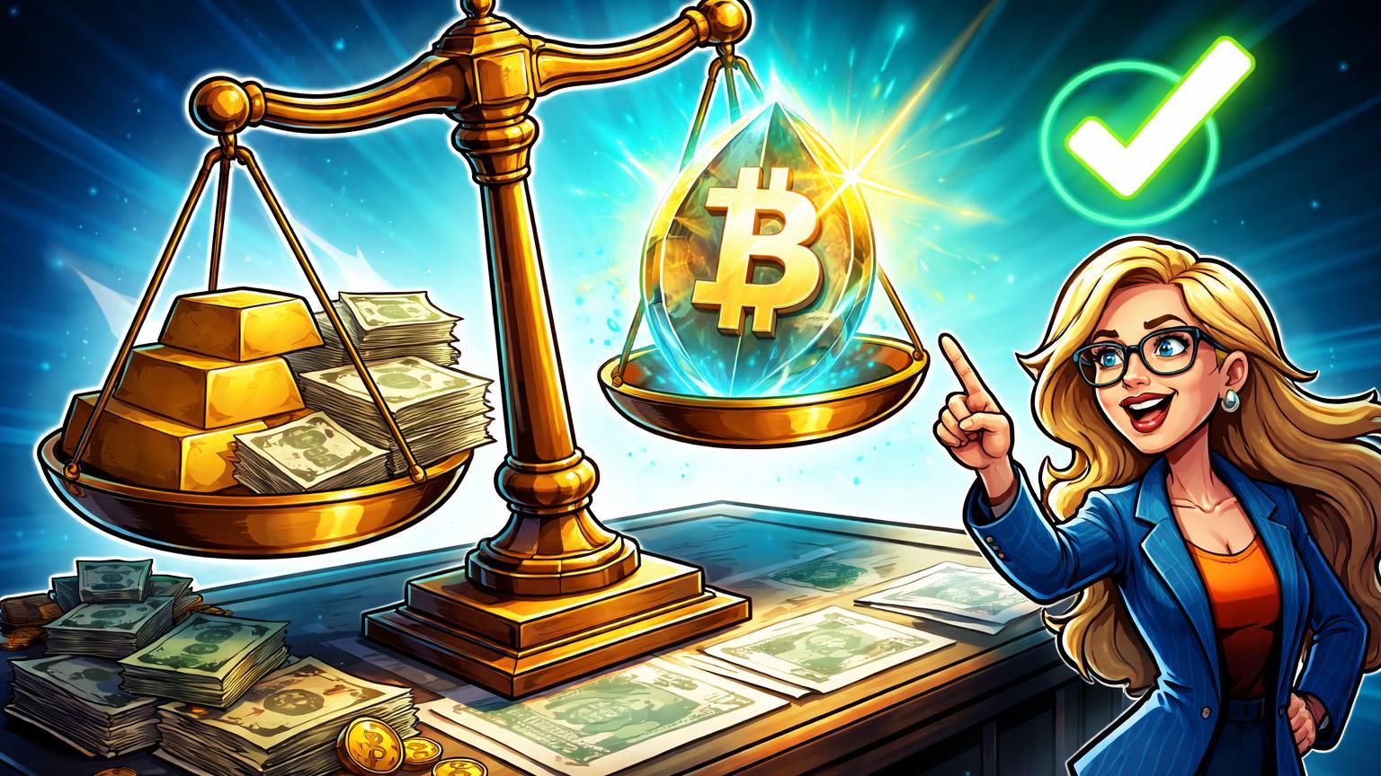 Personagem cartoon de Cathie Wood apontando para balança onde Bitcoin supera ouro pesado, simbolizando superior diversificação em portfólio