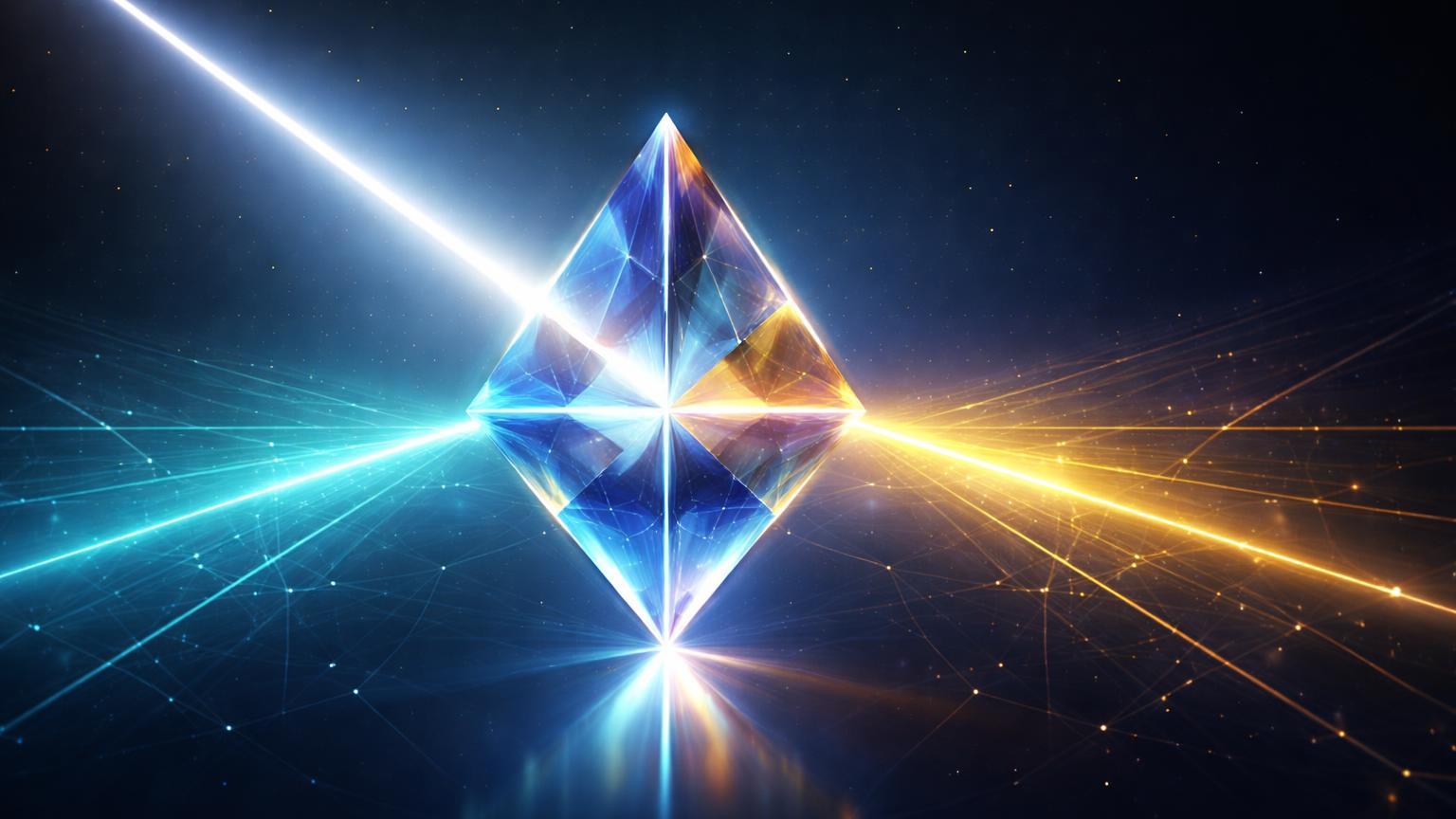 Prisma translúcido refratando luz em feixes cyan e dourado sobre fundo azul, simbolizando essência dinâmica do mercado cripto