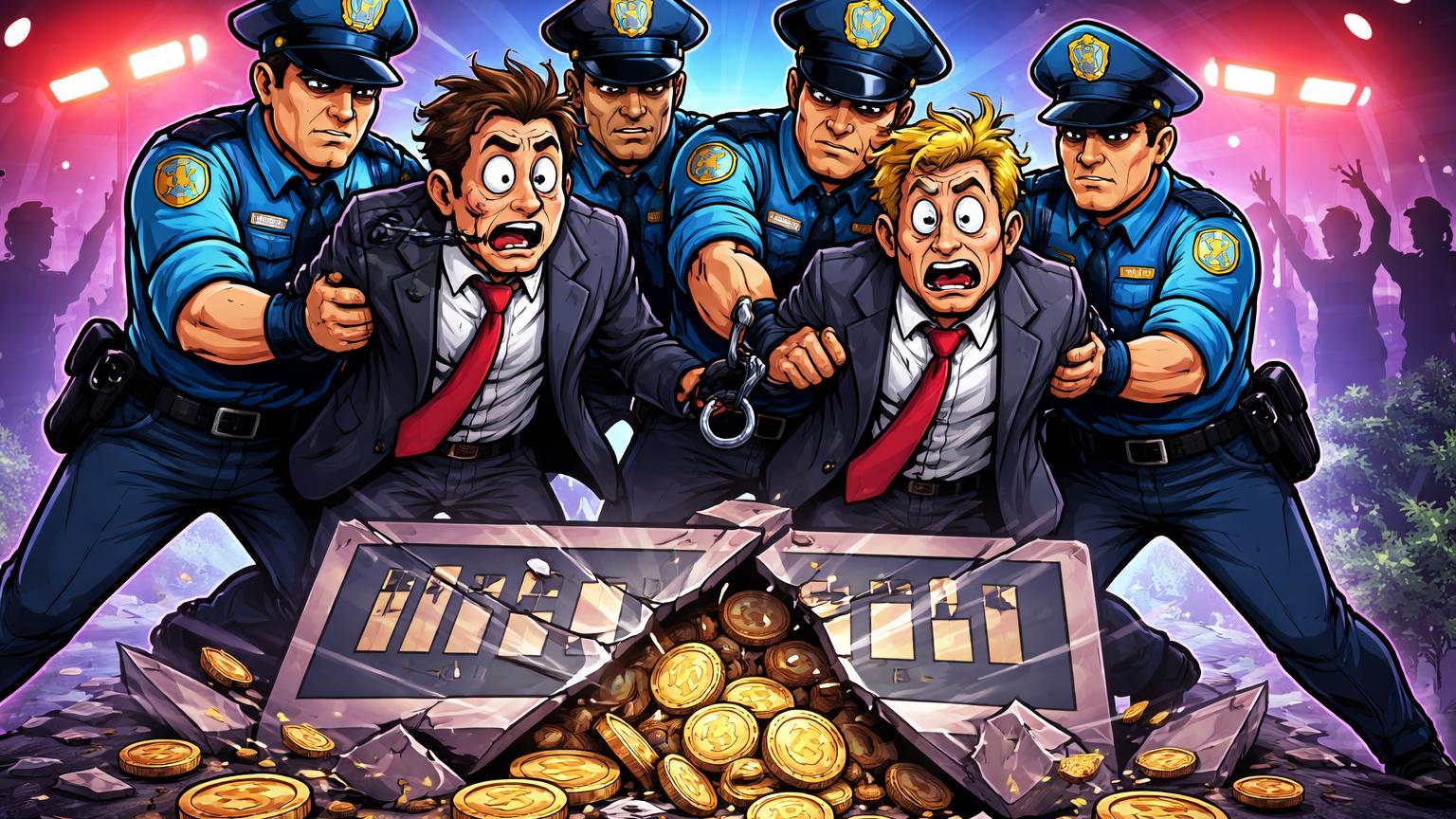 Policiais cartoon algemando golpistas com fachada falsa de bolsa desmoronando, representando prisões de quadrilha de golpes cripto no Vietnãm