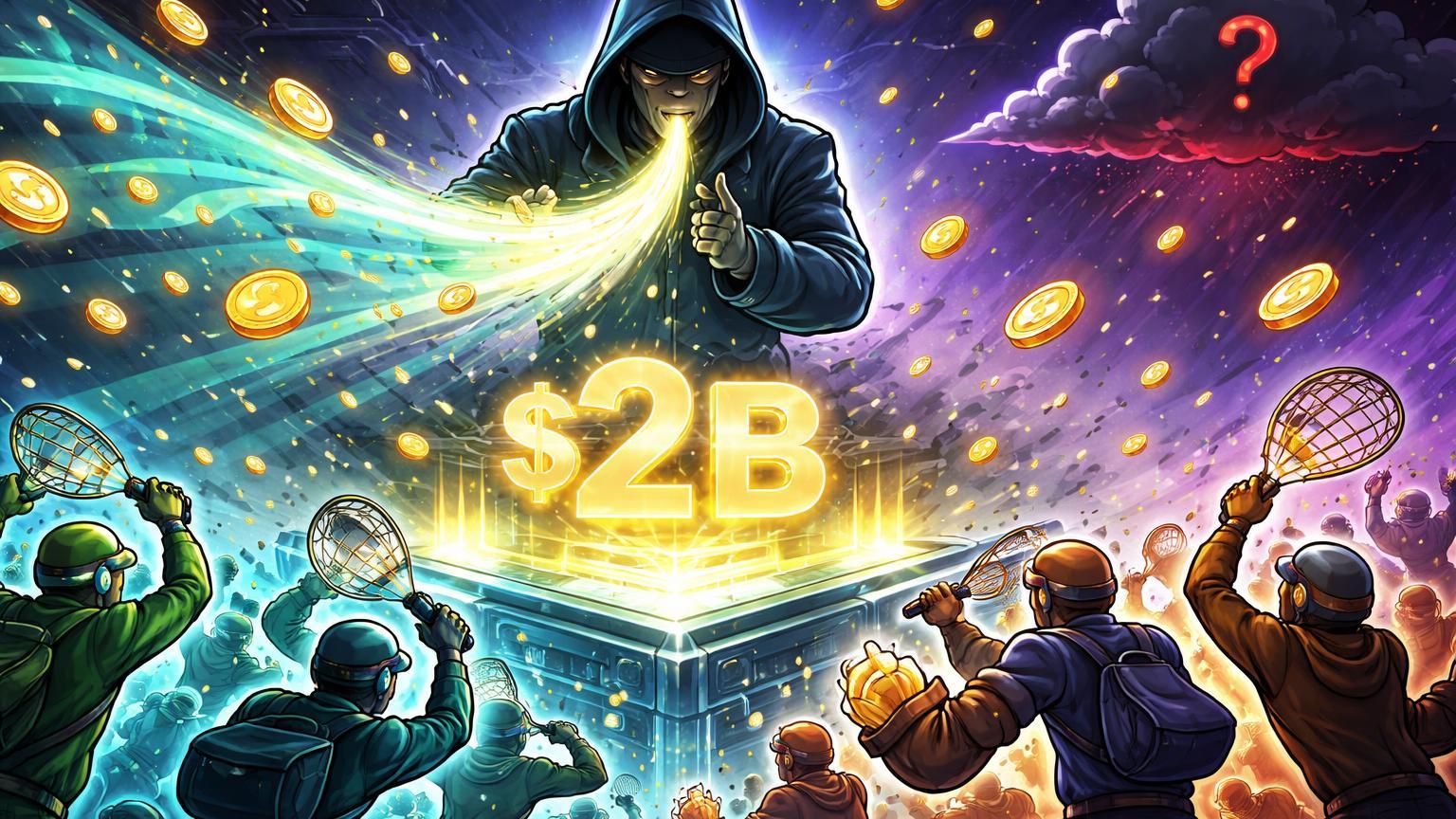 Figura CZ cartoon soprando pontos de airdrop para traders farmando em plataforma com "$2B" holograma, capturando hype especulativo e preocupação pós-distribuição