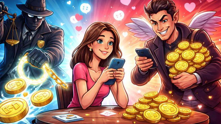 Cena cartoon de golpe pig butchering no Tinder: vítima enviando USDT a golpista falso, DOJ intervindo com algemas para recuperar fundos