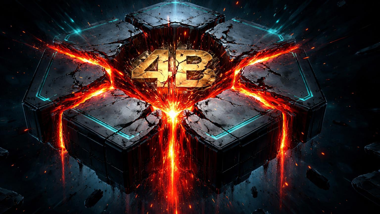 Hub hexagonal centralizado com rachaduras vermelhas vazando energia e '4B' fragmentado, simbolizando hacks recordes de US$ 4 bi em exchanges cripto