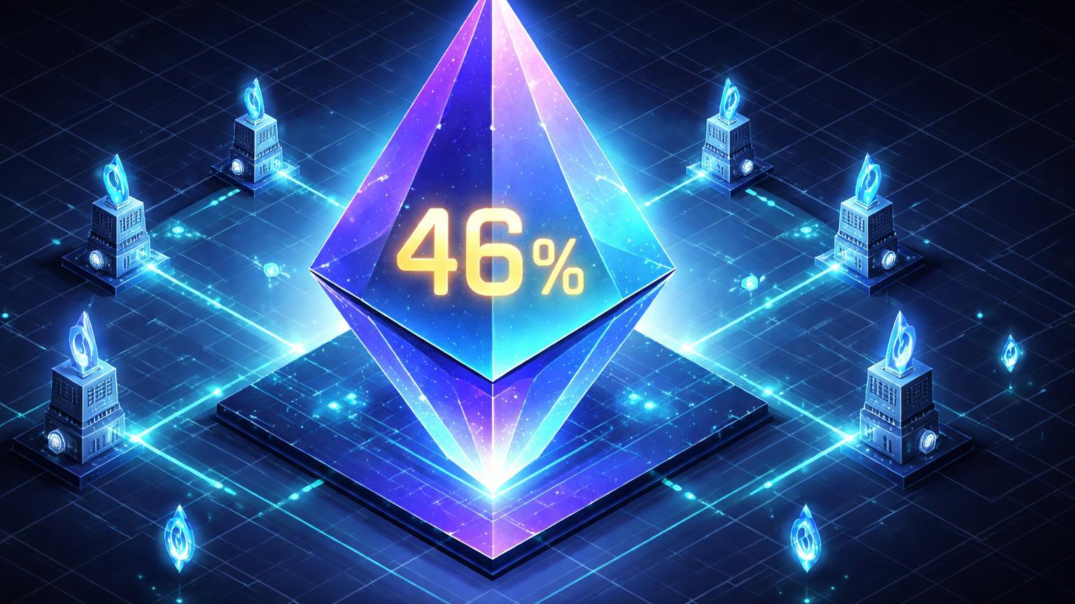 Estrutura isométrica da rede Ethereum com cristal central '46%' trancado, torres de validadores e fluxo escasso de ETH, ilustrando staking massivo