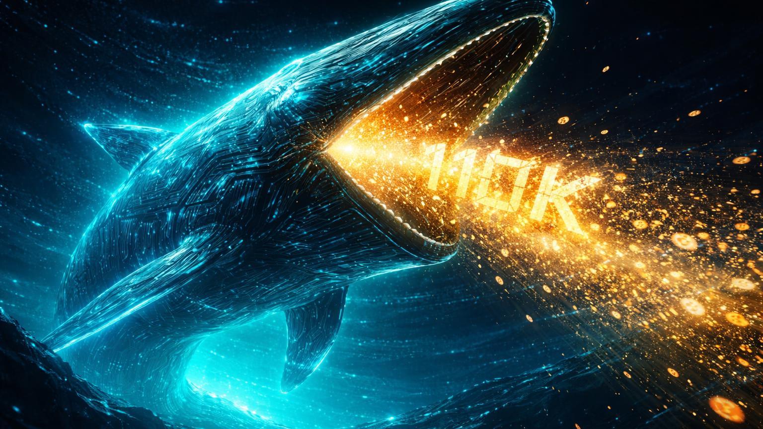Silhueta surreal de baleia digital absorvendo fluxo dourado de 110K BTC em oceano cibernetico, simbolizando acumulação massiva por grandes detentores