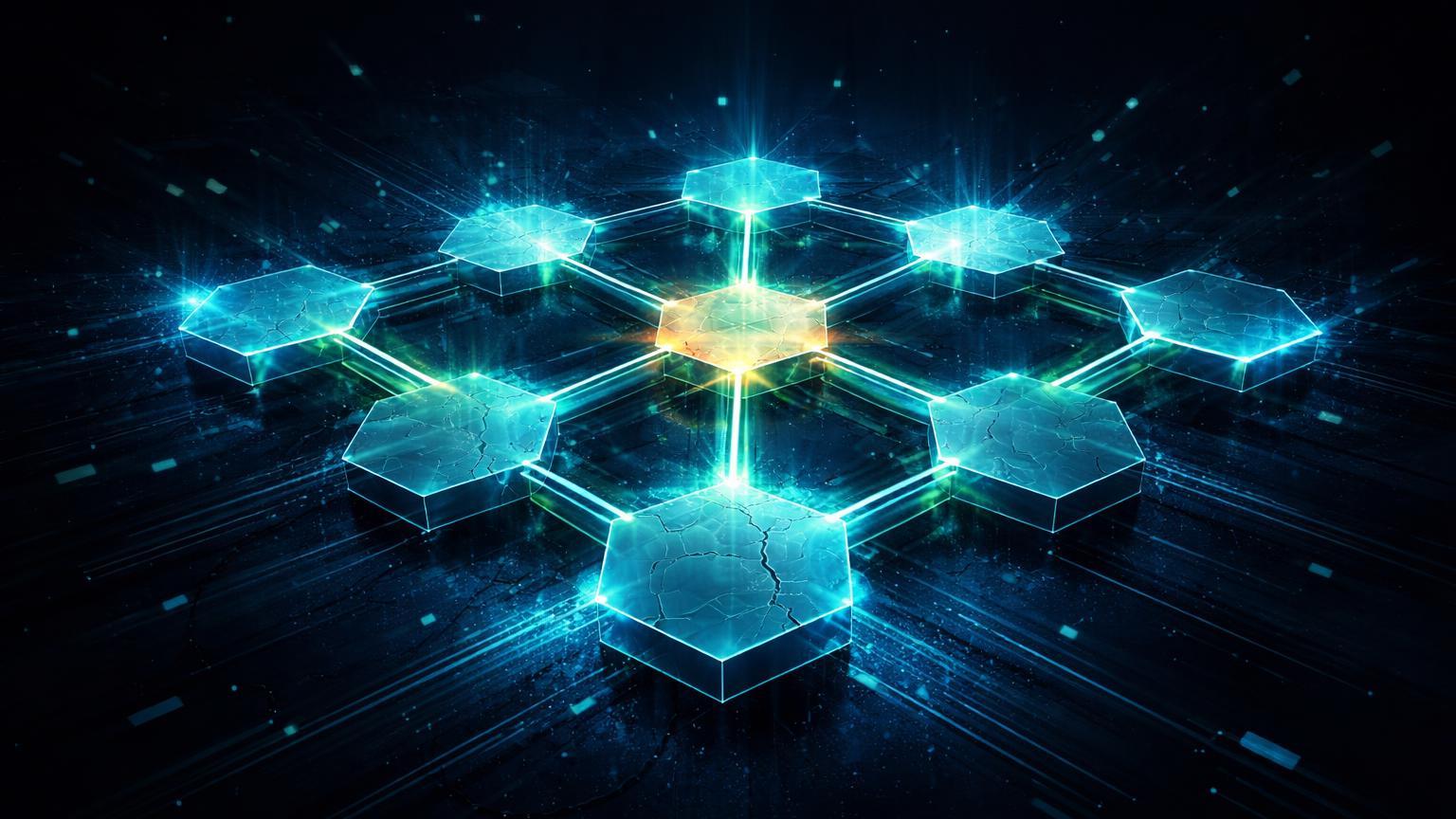 Estrutura hexagonal L2 emergindo da escuridão com pulsos cyan e verde restaurando conexões, simbolizando retorno da Zero Network após apagão