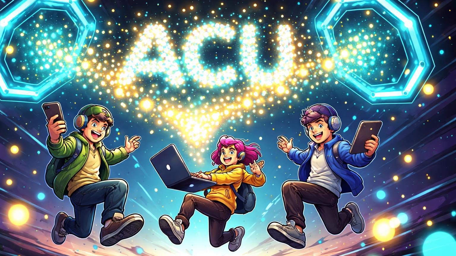 Iniciantes cartoon coletando pontos luminosos que formam 'ACU', simbolizando novo airdrop da Acurast na Binance Alpha