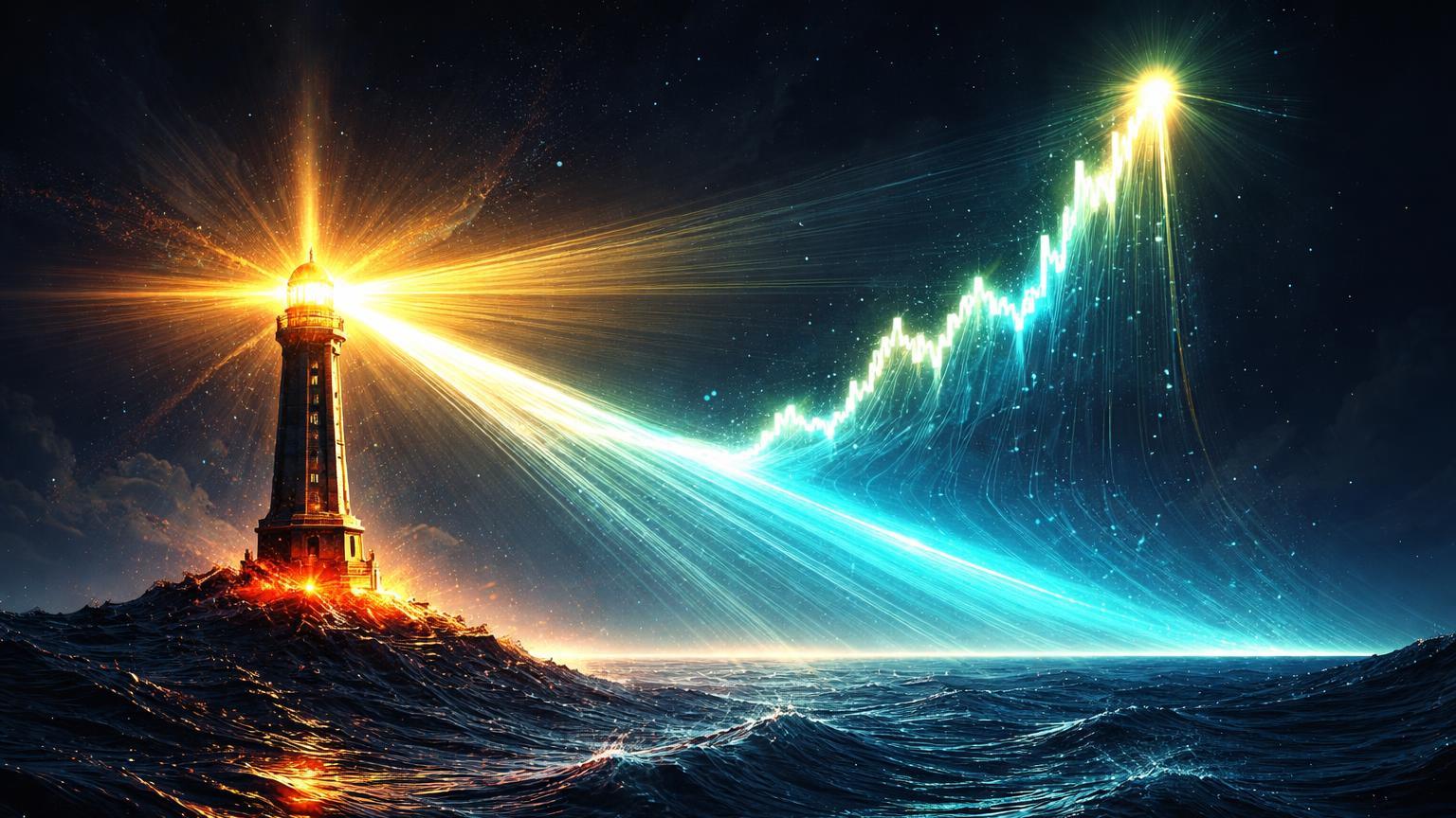 Farol digital acendendo no oceano negro com feixe dourado formando pico Bitcoin ascendente, sinalizando retorno do Kimchi Premium positivo