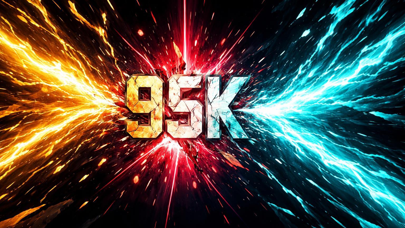 Ondas de energia dourada e cyan colidindo com cristal 95K rachado, sinalizando volatilidade extrema em derivativos de Bitcoin