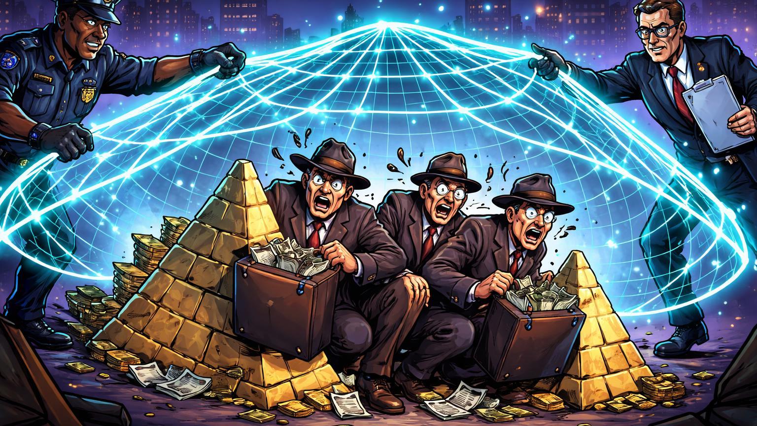 Personagens cartoon de reguladores e polícia lançando rede sobre golpistas em pirâmides Ponzi, simbolizando caça a fraudes cripto na Nigéria