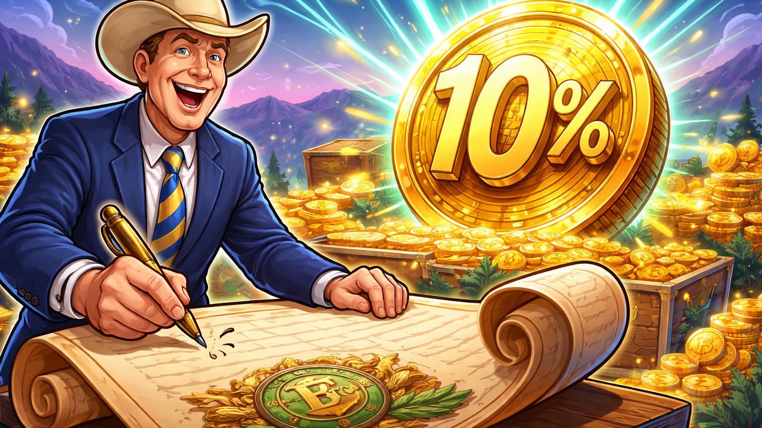 Governador cartoon assinando lei com Bitcoin '10%' emergindo, simbolizando adoção estatal de West Virginia