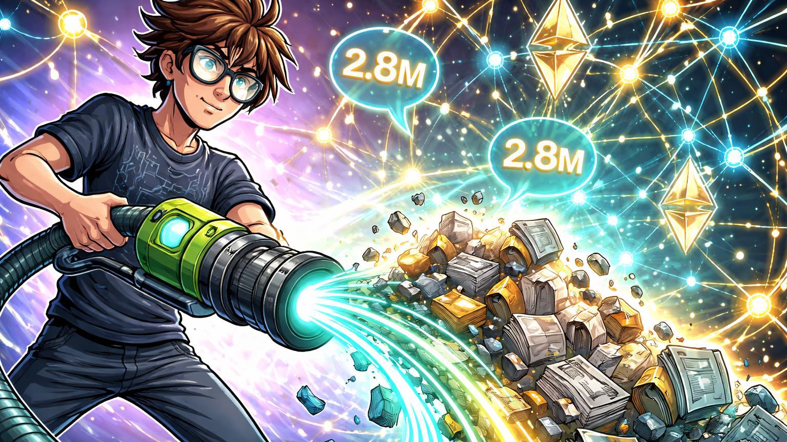 Personagem cartoon desenvolvedor aspirando dados inchados em rede Ethereum pulsante com 2.8M transações, simbolizando garbage collection de Vitalik