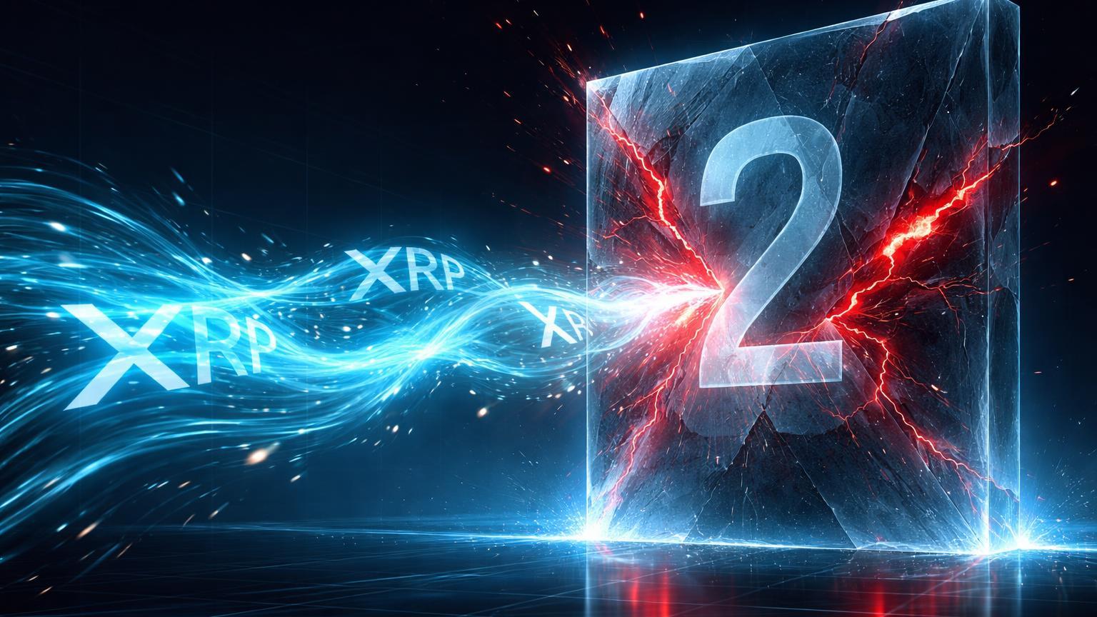 Corrente de energia cyan com XRP colidindo contra barreira '2' com rachaduras vermelhas, simbolizando conflito ETFs vs resistência de preço em XRP