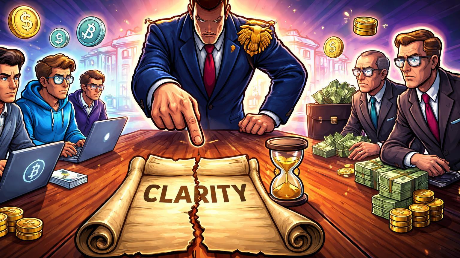 Personagens cartoon em impasse: Casa Branca ultimata executivos de Coinbase e bancos sobre documento CLARITY e stablecoins