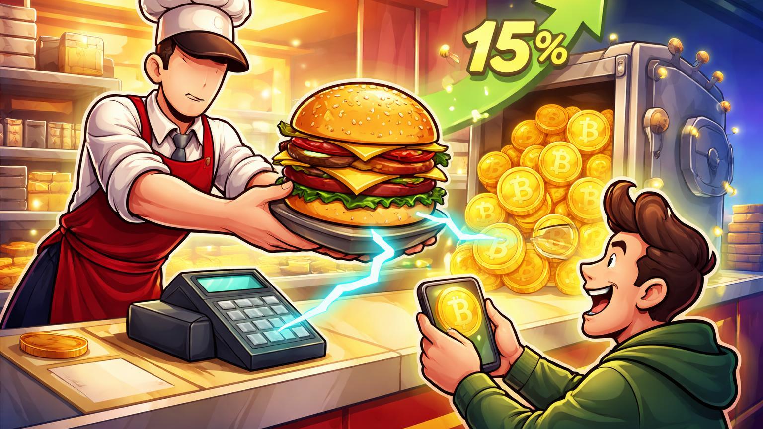 Gerente cartoon de fast-food entregando hambúrguer com raio Lightning e cofre BTC crescendo marcado 15%, simbolizando adoção corporativa