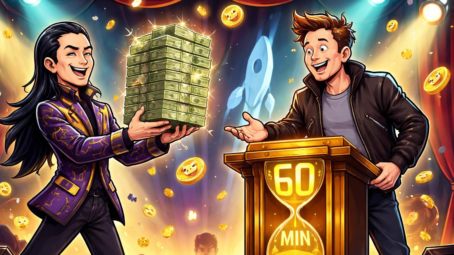 Personagens cartoon de bilionários crypto em leilão extravagante por 60 minutos com pilha de US$30M, satirizando vaidade de Justin Sun e Elon Musk