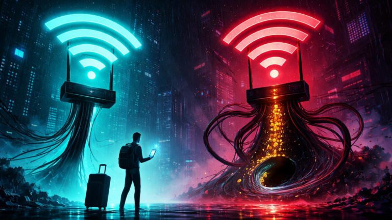 Antenas Wi-Fi gêmeas cyberpunk, uma falsa drenando cripto dourada de smartphone de viajante, alertando sobre ataques Evil Twin