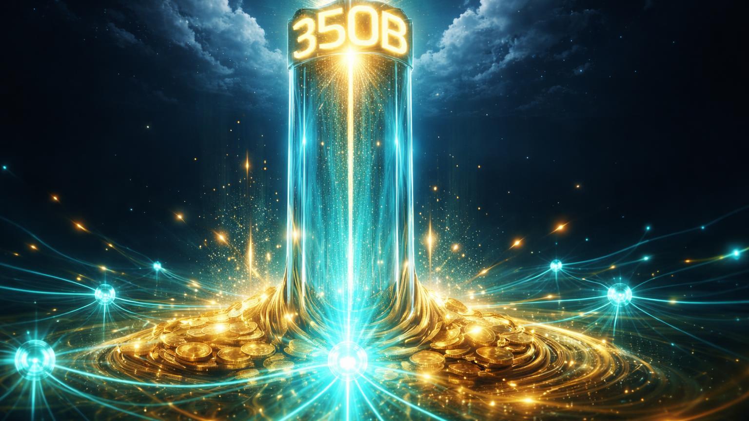 Pilar cristalino de tokenização com 350B gravado no topo emergindo de base de stablecoins, rede cyan dominante simbolizando ATH de RWAs e liderança Canton