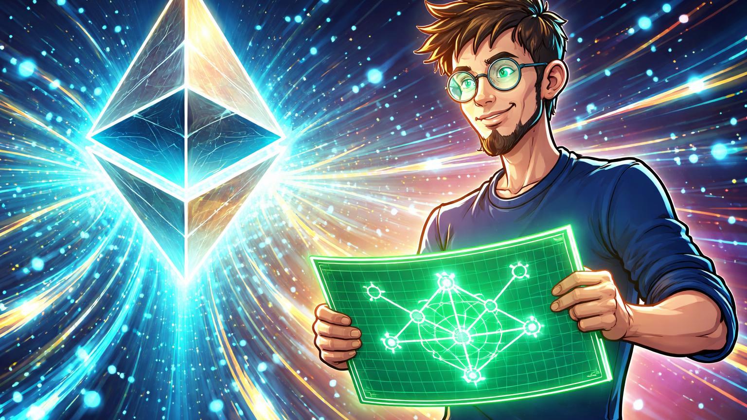 Vitalik cartoon com blueprint simplificando prisma Ethereum pulsante de transações recordes e fluxo staking livre, celebrando recorde histórico