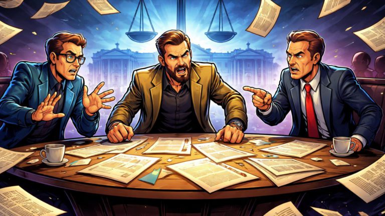 Líderes cripto cartoon debatendo intensamente em mesa caótica com papéis regulatórios, expondo divisões sobre CLARITY Act e SEC