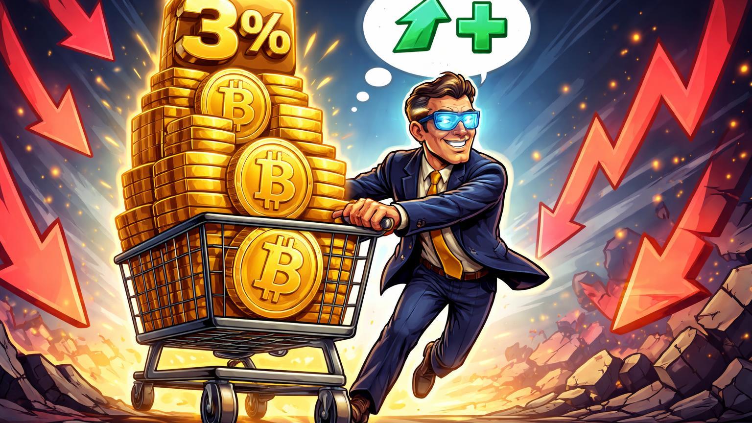 Personagem corporativo cartoon empurrando carrinho de blocos Bitcoin com 3% marcado, ignorando ondas de queda vermelhas, simbolizando acumulação de Saylor