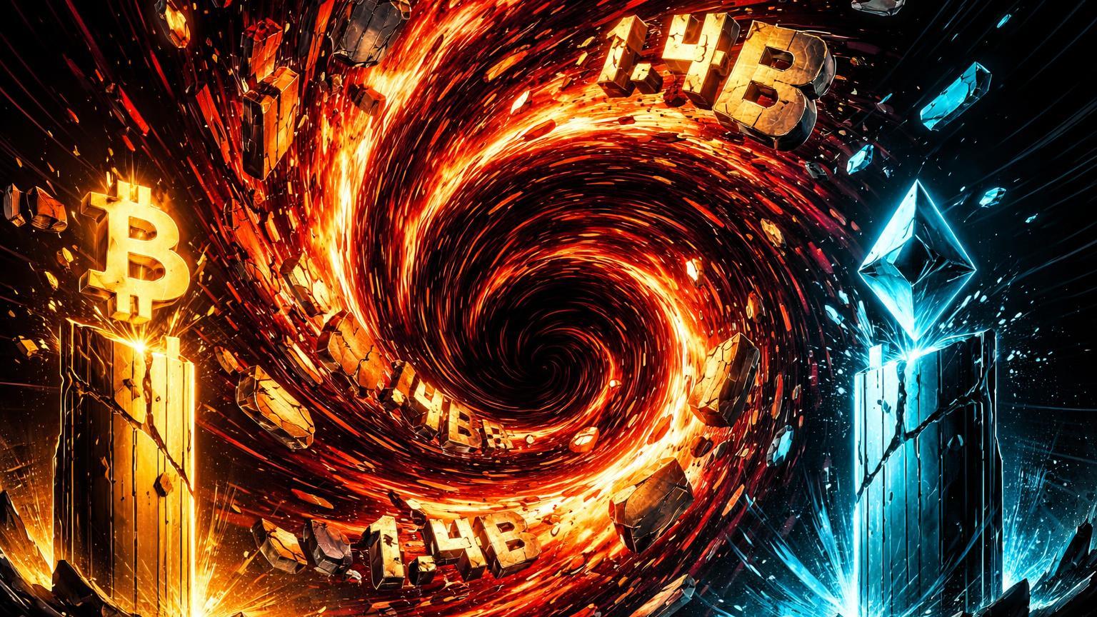 Vórtice vermelho caótico sugando fragmentos dourados com '1.4B', pilares BTC e ETH resistindo, ilustrando liquidações de US$ 1,4 bi no mercado cripto